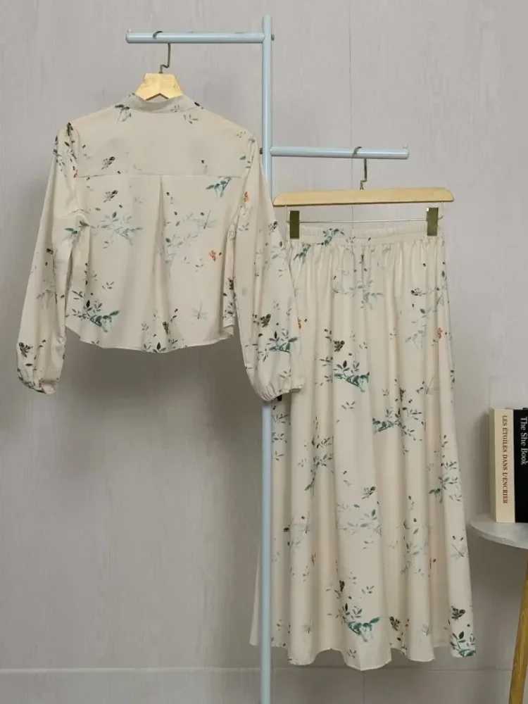 ASAYA Kemeja lengan panjang unik dengan desain tidak beraturan, motif ala tiongkok, kancing buatan tangan, atasan lengan panjang dengan kerah, dan setelan dua potong rok panjang