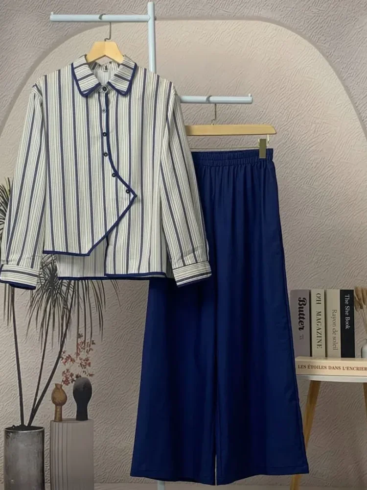 [NEW]ASAYA Setelan dua potong wanita terbaru dengan kemeja lengan panjang bermotif modis dan celana longgar