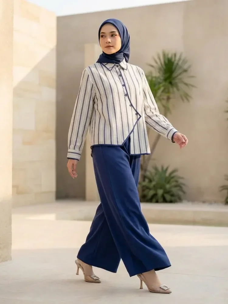 [NEW]ASAYA Setelan dua potong wanita terbaru dengan kemeja lengan panjang bermotif modis dan celana longgar