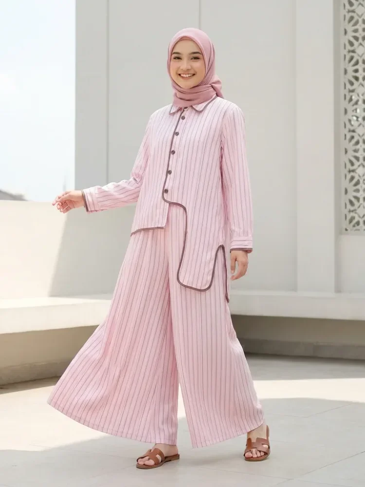 [NEW]ASAYA Setelan dua potong wanita dengan atasan lengan panjang berpola garis dan celana kaki lebar, model modern