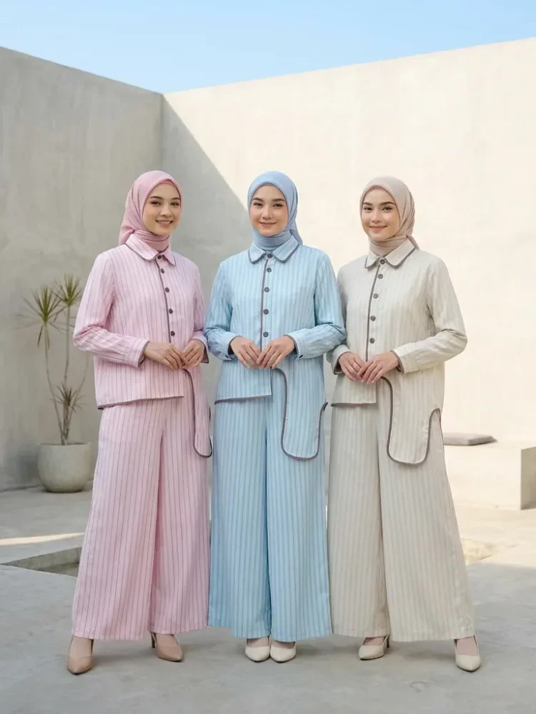 [NEW]ASAYA Setelan dua potong wanita dengan atasan lengan panjang berpola garis dan celana kaki lebar, model modern