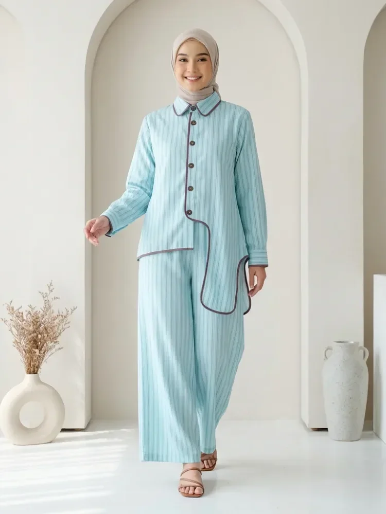 [NEW]ASAYA Setelan dua potong wanita dengan atasan lengan panjang berpola garis dan celana kaki lebar, model modern