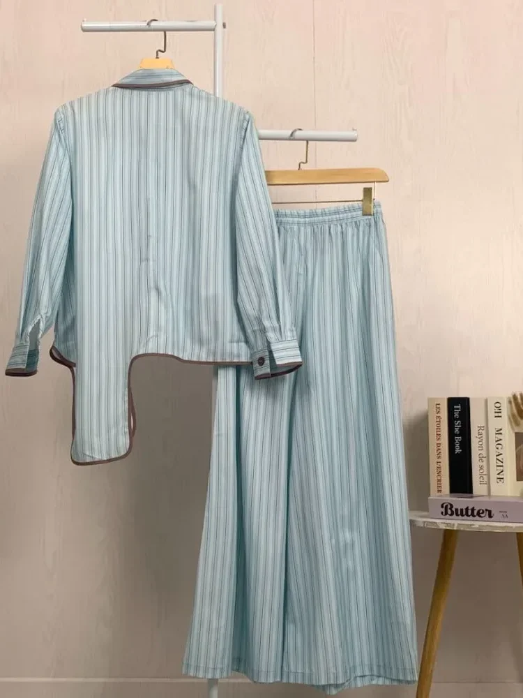 [NEW]ASAYA Setelan dua potong wanita dengan atasan lengan panjang berpola garis dan celana kaki lebar, model modern