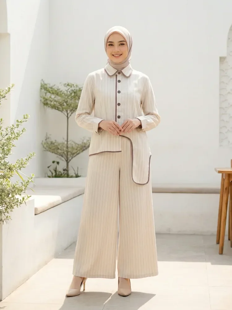 [NEW]ASAYA Setelan dua potong wanita dengan atasan lengan panjang berpola garis dan celana kaki lebar, model modern