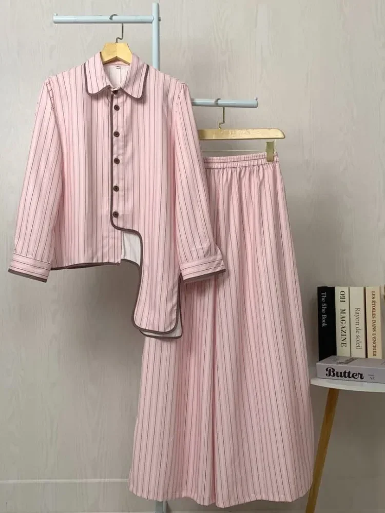 [NEW]ASAYA Setelan dua potong wanita dengan atasan lengan panjang berpola garis dan celana kaki lebar, model modern