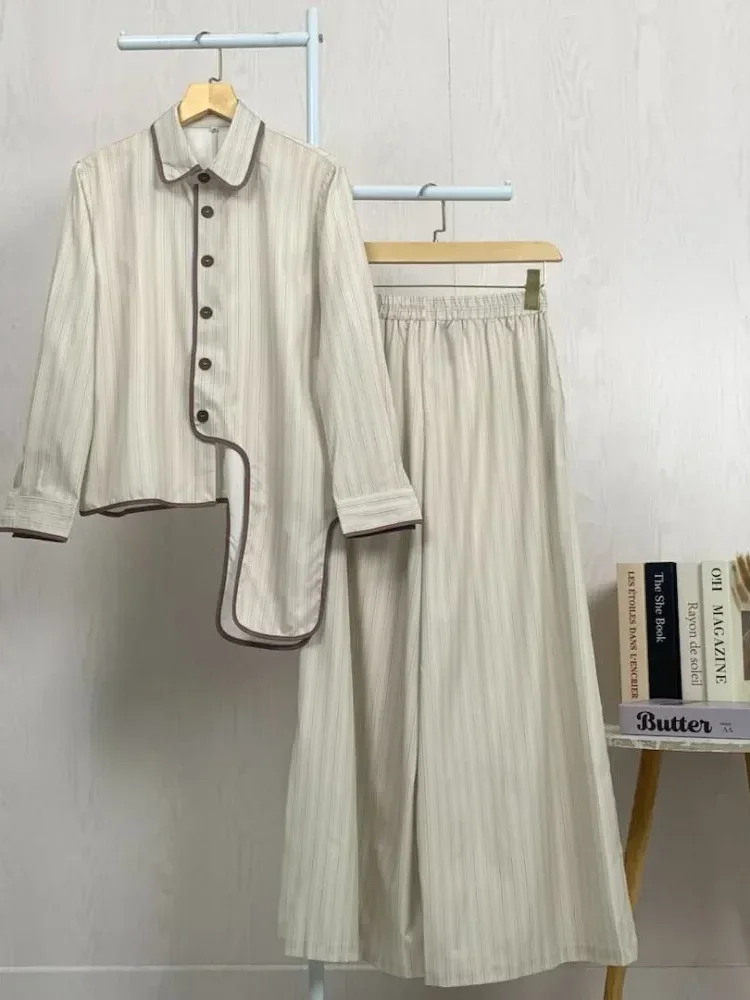 [NEW]ASAYA Setelan dua potong wanita dengan atasan lengan panjang berpola garis dan celana kaki lebar, model modern