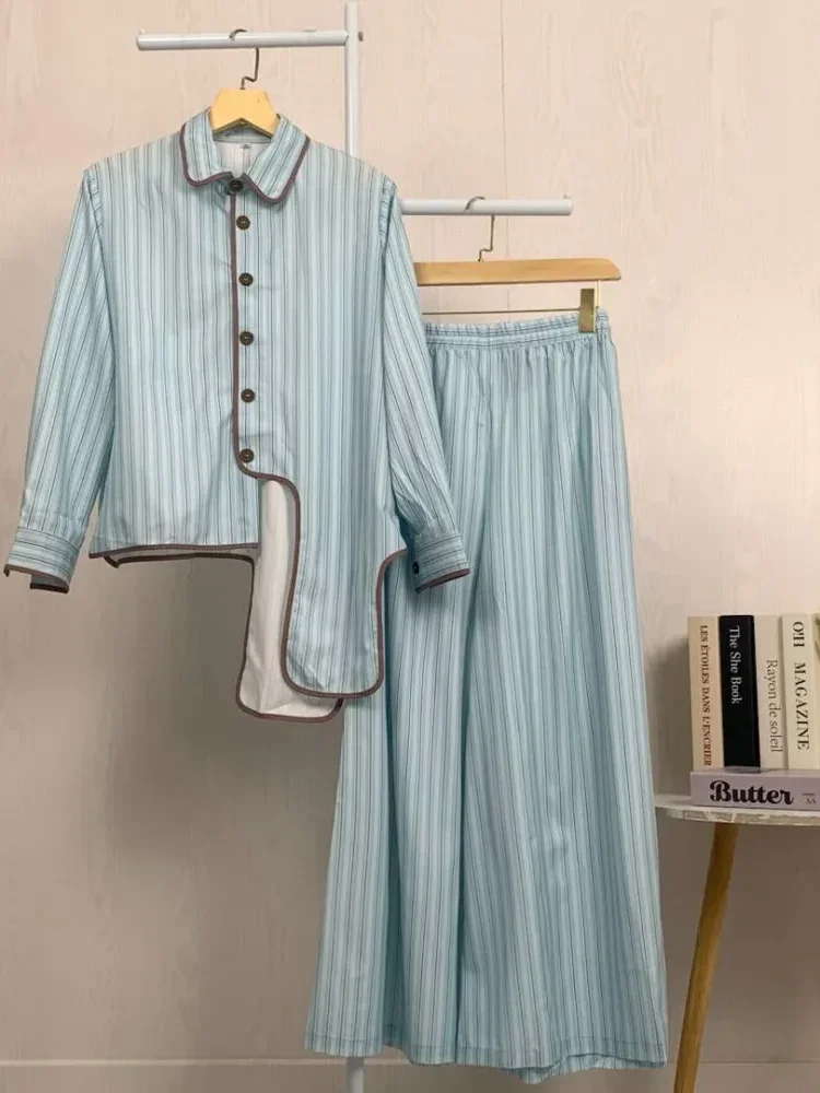 [NEW]ASAYA Setelan dua potong wanita dengan atasan lengan panjang berpola garis dan celana kaki lebar, model modern