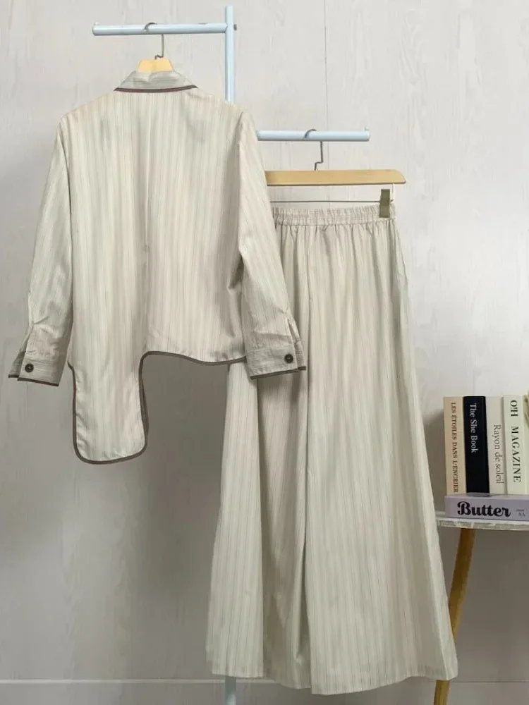 [NEW]ASAYA Setelan dua potong wanita dengan atasan lengan panjang berpola garis dan celana kaki lebar, model modern