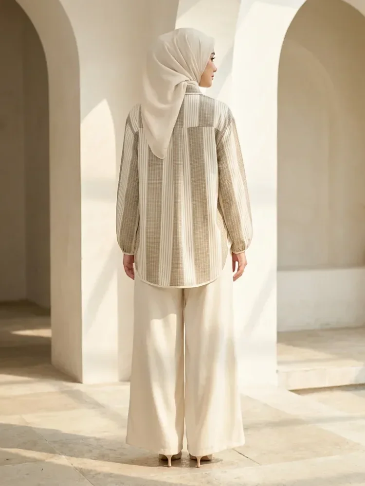 ASAYA Setelan kemeja dan celana panjang lengan panjang dengan warna blok modis terbaru