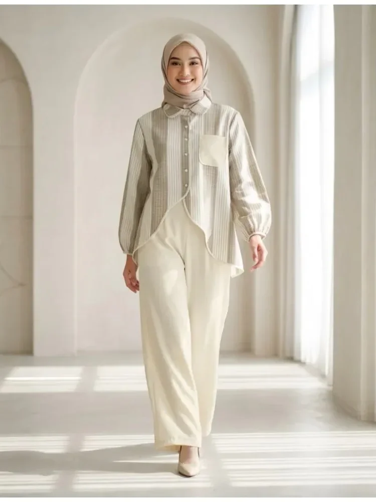 ASAYA Setelan kemeja dan celana panjang lengan panjang dengan warna blok modis terbaru