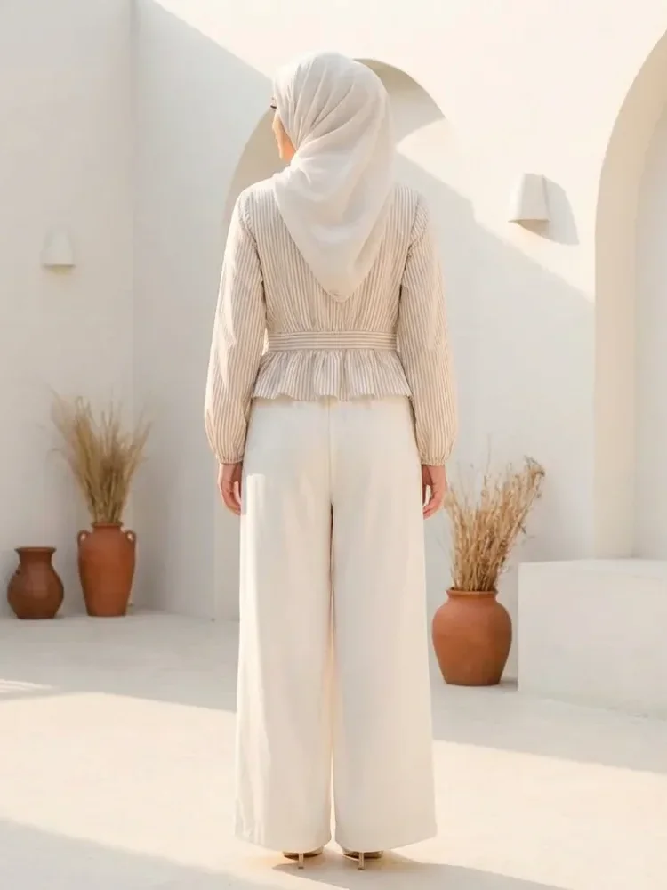 ASAYA Kemeja lengan panjang dengan kerah bulat dan celana panjang lebar bermotif garis polos set dua potong