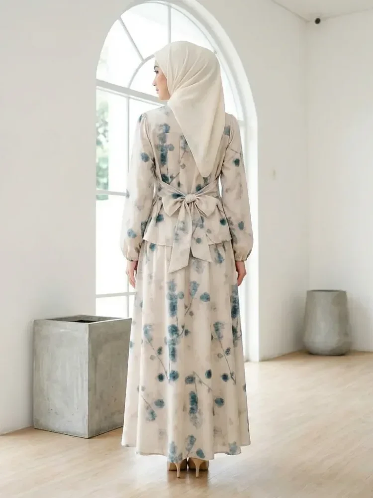 ASAYA Setelan dua potong wanita dengan atasan lengan panjang bermotif elegan, kancing tangan, dan rok panjang