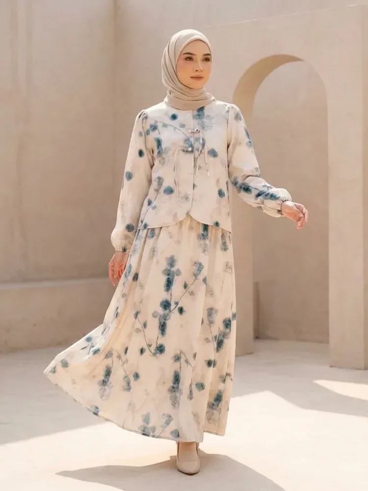 ASAYA Setelan dua potong wanita dengan atasan lengan panjang bermotif elegan, kancing tangan, dan rok panjang