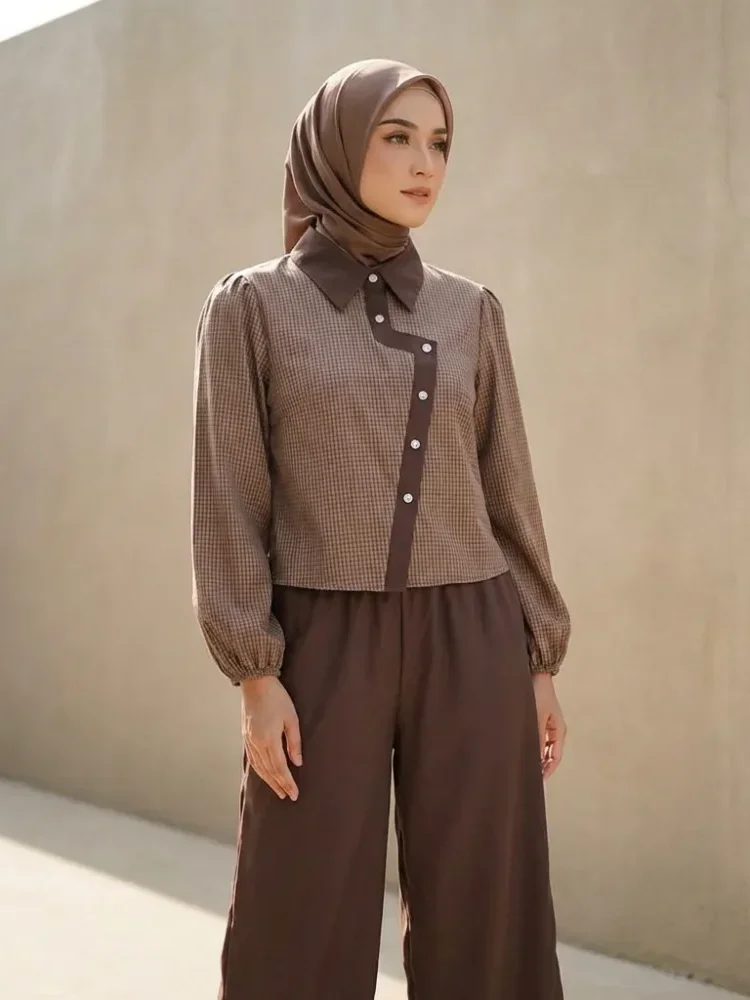 [DISKON KILAT]ASAYA Setelan wanita lengan panjang modis terbaru dengan desain cetak tidak beraturan dipadukan dengan warna polos dan celana kaki lebar