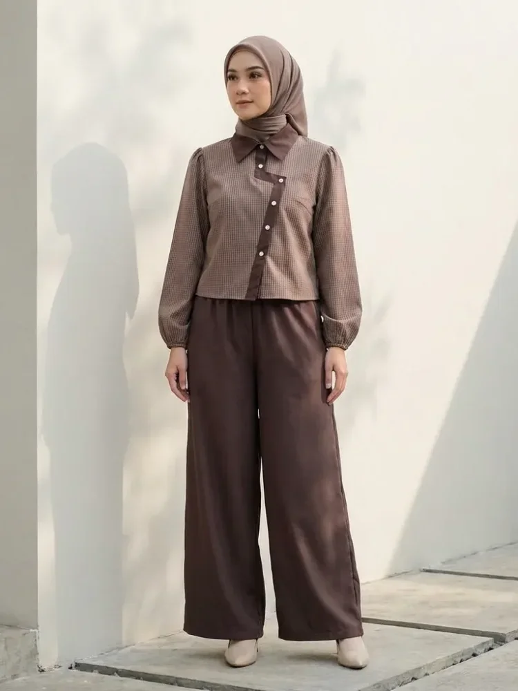 [DISKON KILAT]ASAYA Setelan wanita lengan panjang modis terbaru dengan desain cetak tidak beraturan dipadukan dengan warna polos dan celana kaki lebar