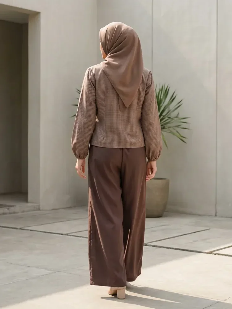 [DISKON KILAT]ASAYA Setelan wanita lengan panjang modis terbaru dengan desain cetak tidak beraturan dipadukan dengan warna polos dan celana kaki lebar
