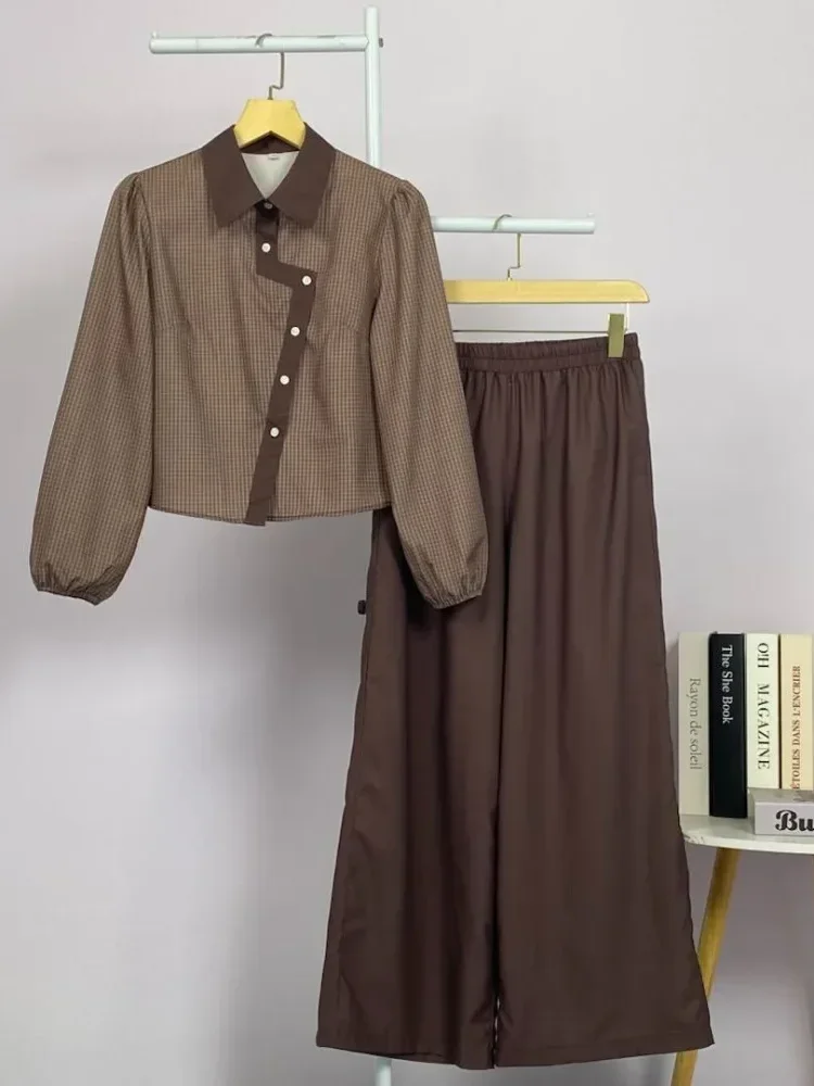 [DISKON KILAT]ASAYA Setelan wanita lengan panjang modis terbaru dengan desain cetak tidak beraturan dipadukan dengan warna polos dan celana kaki lebar