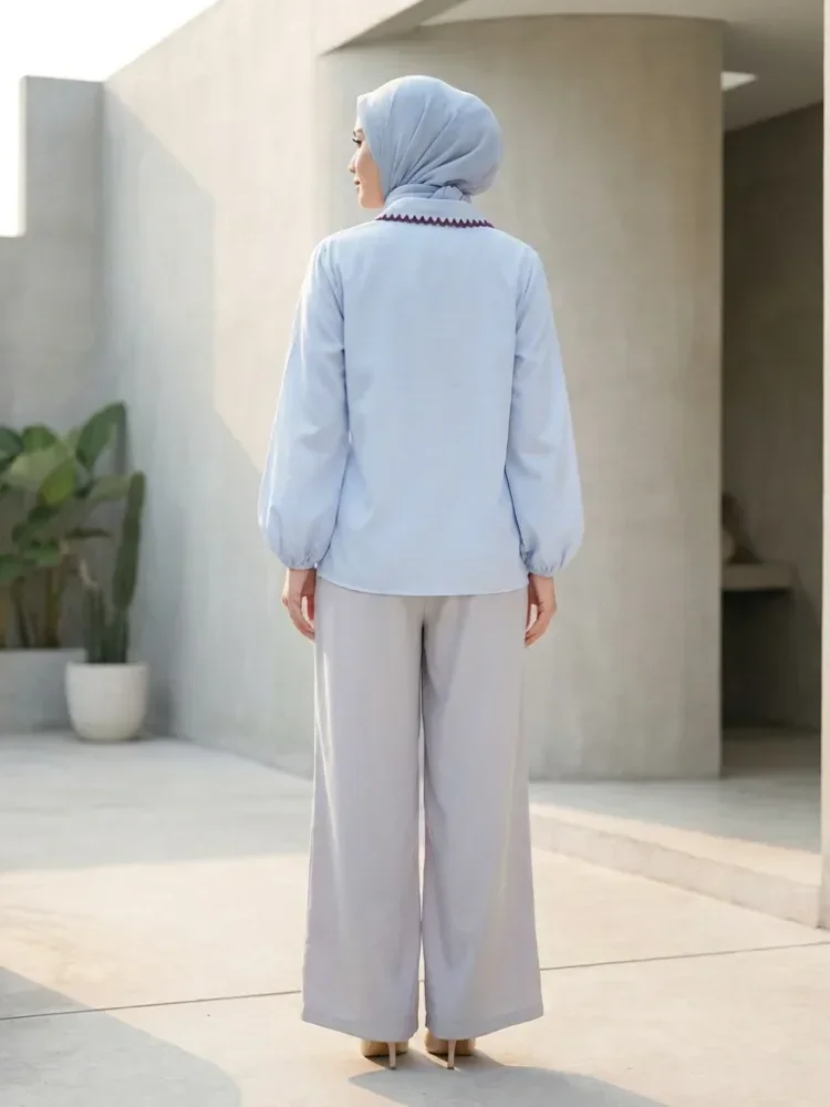 ASAYA Kemeja lengan panjang wanita desain tidak beraturan warna polos dan warna campuran terbaru dengan aksen gigi anjing, dipadukan dengan celana panjang lebar