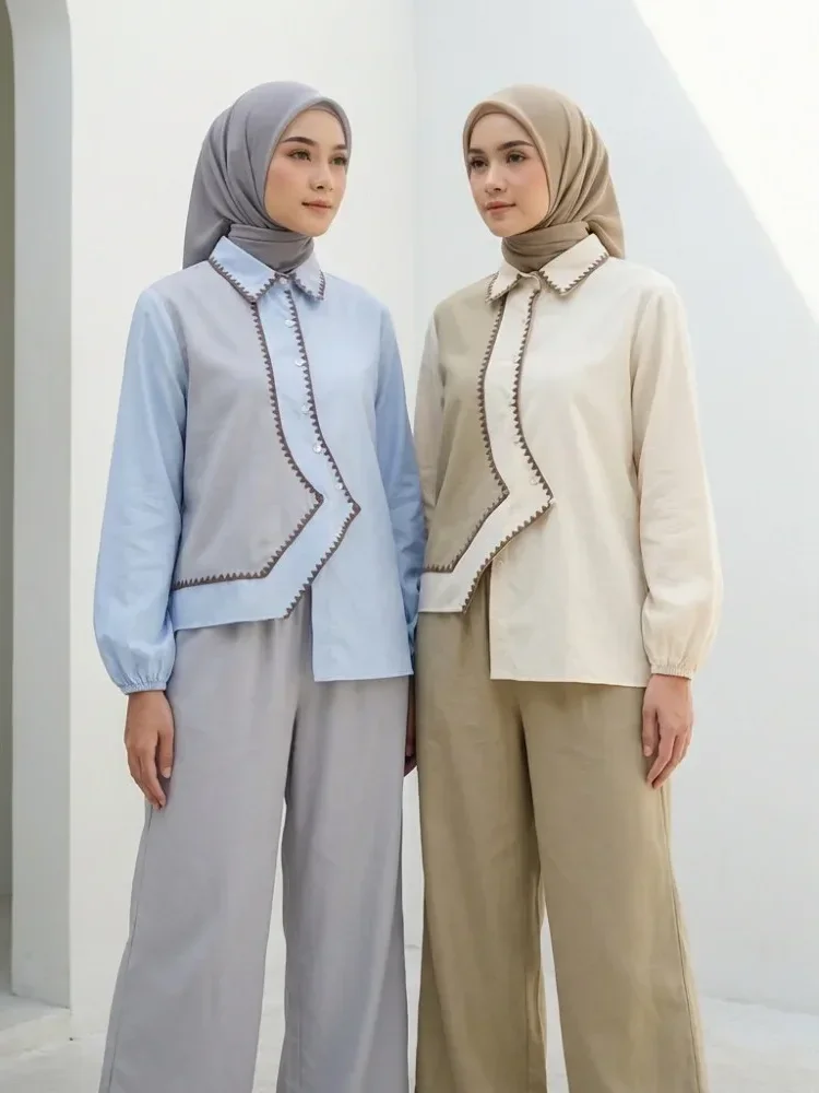 ASAYA Kemeja lengan panjang wanita desain tidak beraturan warna polos dan warna campuran terbaru dengan aksen gigi anjing, dipadukan dengan celana panjang lebar