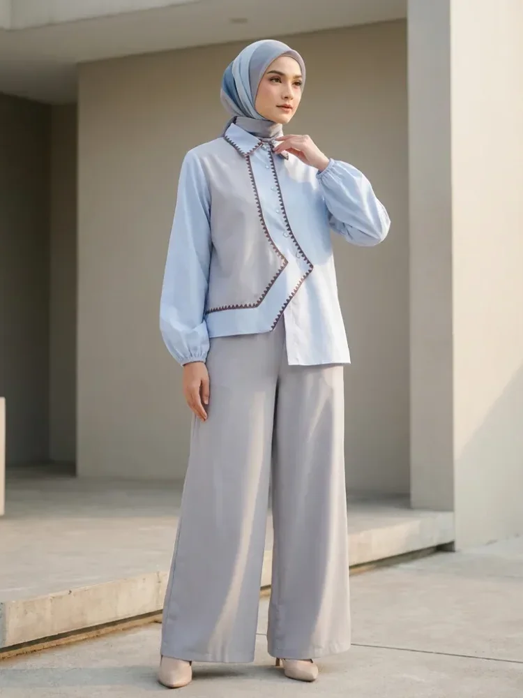 ASAYA Kemeja lengan panjang wanita desain tidak beraturan warna polos dan warna campuran terbaru dengan aksen gigi anjing, dipadukan dengan celana panjang lebar