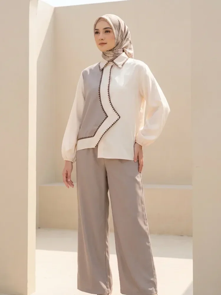 ASAYA Kemeja lengan panjang wanita desain tidak beraturan warna polos dan warna campuran terbaru dengan aksen gigi anjing, dipadukan dengan celana panjang lebar