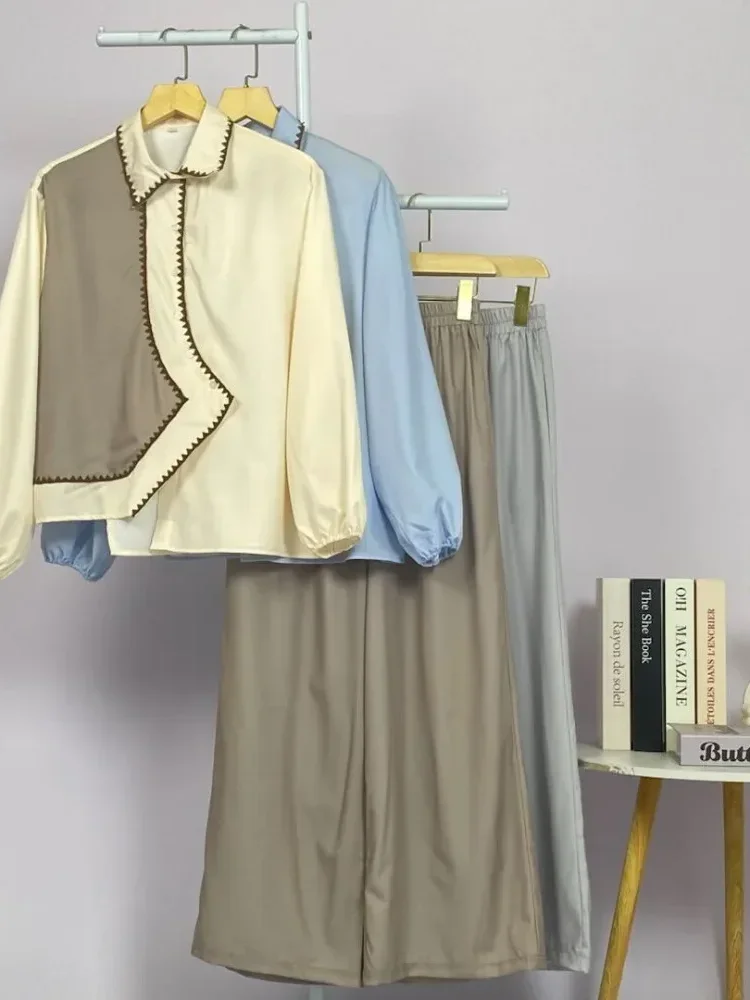 ASAYA Kemeja lengan panjang wanita desain tidak beraturan warna polos dan warna campuran terbaru dengan aksen gigi anjing, dipadukan dengan celana panjang lebar