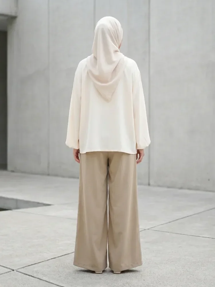 [DISKON KILAT]ASAYA Atasan wanita lengan panjang longgar dengan desain tidak teratur, kerah bulat, warna polos dengan kombinasi warna, dipadukan dengan celana kaki lebar