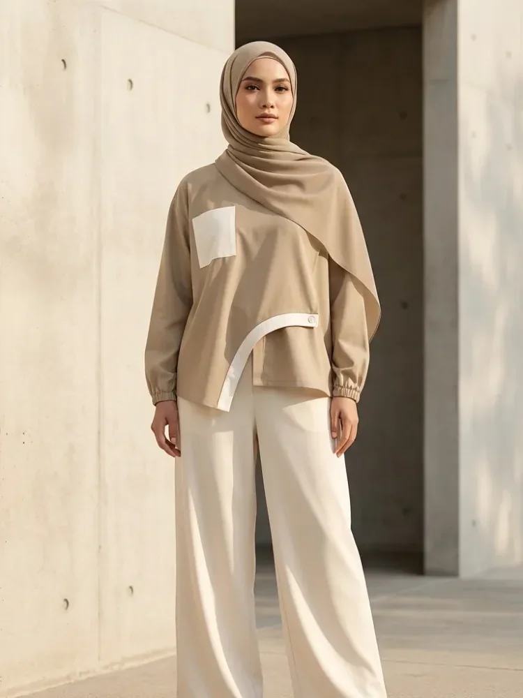 [DISKON KILAT]ASAYA Atasan wanita lengan panjang longgar dengan desain tidak teratur, kerah bulat, warna polos dengan kombinasi warna, dipadukan dengan celana kaki lebar