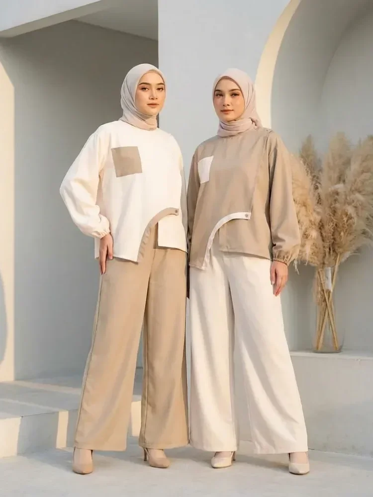 [DISKON KILAT]ASAYA Atasan wanita lengan panjang longgar dengan desain tidak teratur, kerah bulat, warna polos dengan kombinasi warna, dipadukan dengan celana kaki lebar