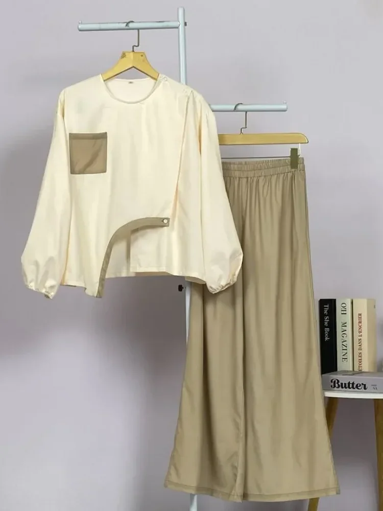 [DISKON KILAT]ASAYA Atasan wanita lengan panjang longgar dengan desain tidak teratur, kerah bulat, warna polos dengan kombinasi warna, dipadukan dengan celana kaki lebar