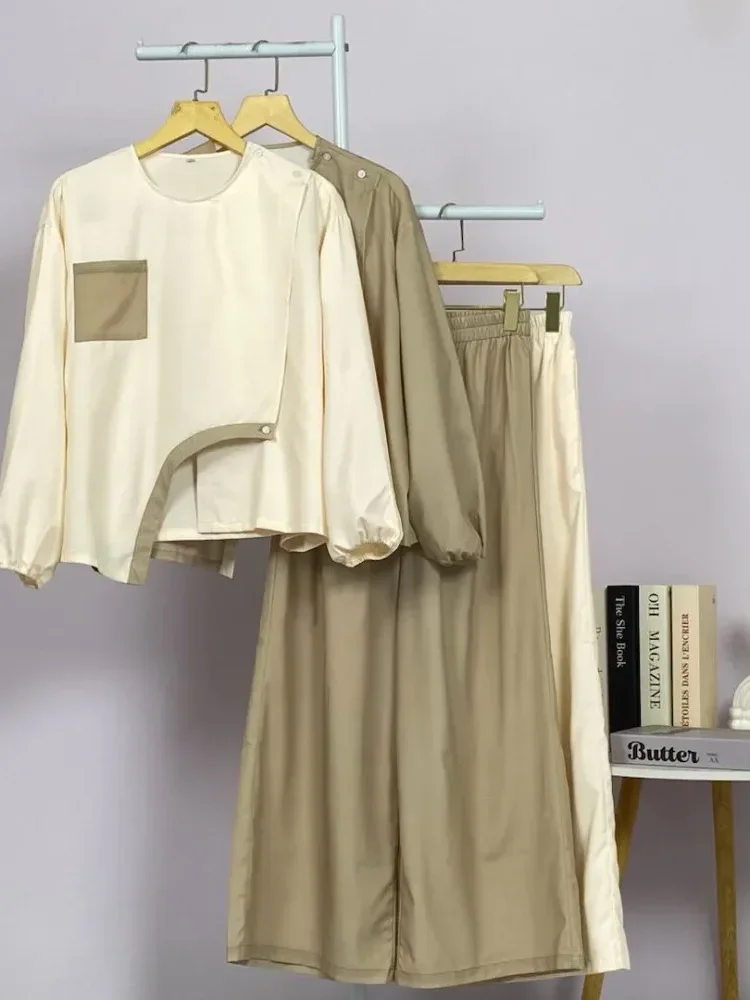 [DISKON KILAT]ASAYA Atasan wanita lengan panjang longgar dengan desain tidak teratur, kerah bulat, warna polos dengan kombinasi warna, dipadukan dengan celana kaki lebar