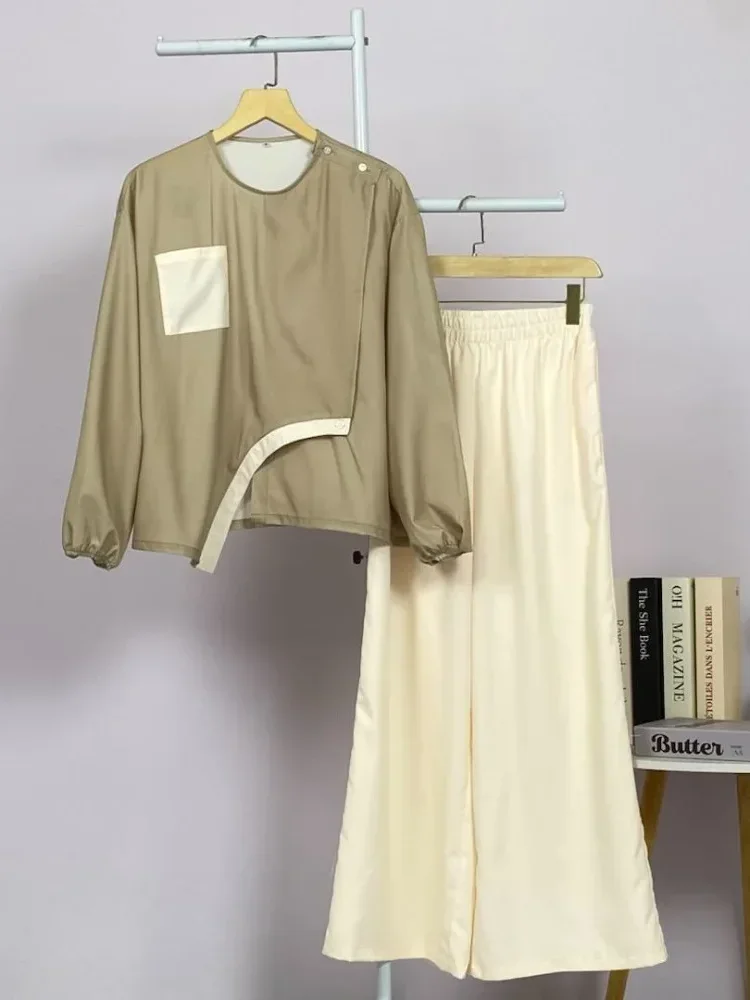 [DISKON KILAT]ASAYA Atasan wanita lengan panjang longgar dengan desain tidak teratur, kerah bulat, warna polos dengan kombinasi warna, dipadukan dengan celana kaki lebar