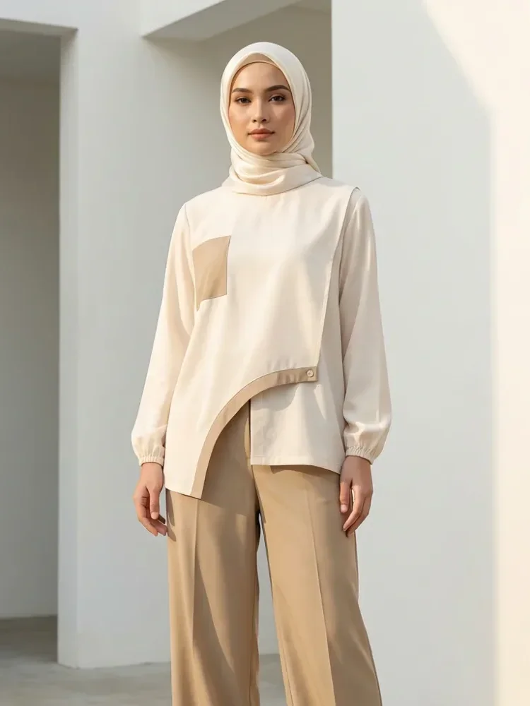 [DISKON KILAT]ASAYA Atasan wanita lengan panjang longgar dengan desain tidak teratur, kerah bulat, warna polos dengan kombinasi warna, dipadukan dengan celana kaki lebar