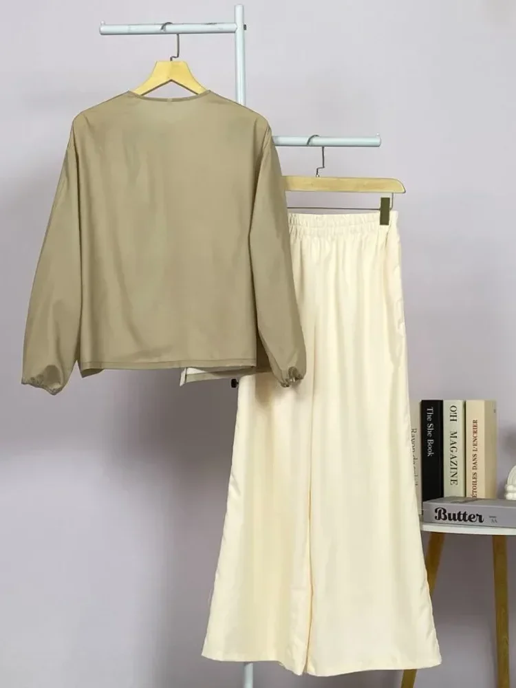 [DISKON KILAT]ASAYA Atasan wanita lengan panjang longgar dengan desain tidak teratur, kerah bulat, warna polos dengan kombinasi warna, dipadukan dengan celana kaki lebar