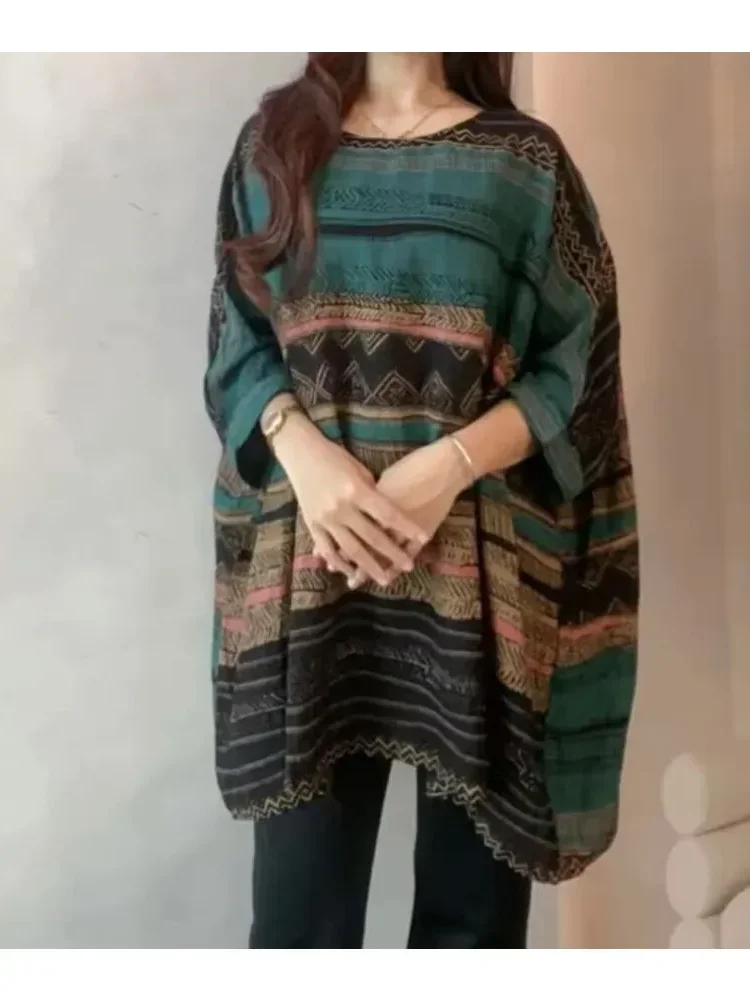 [DISKON KILAT]ASAYA Atasan wanita model longgar lengan tiga per empat motif cetak retro