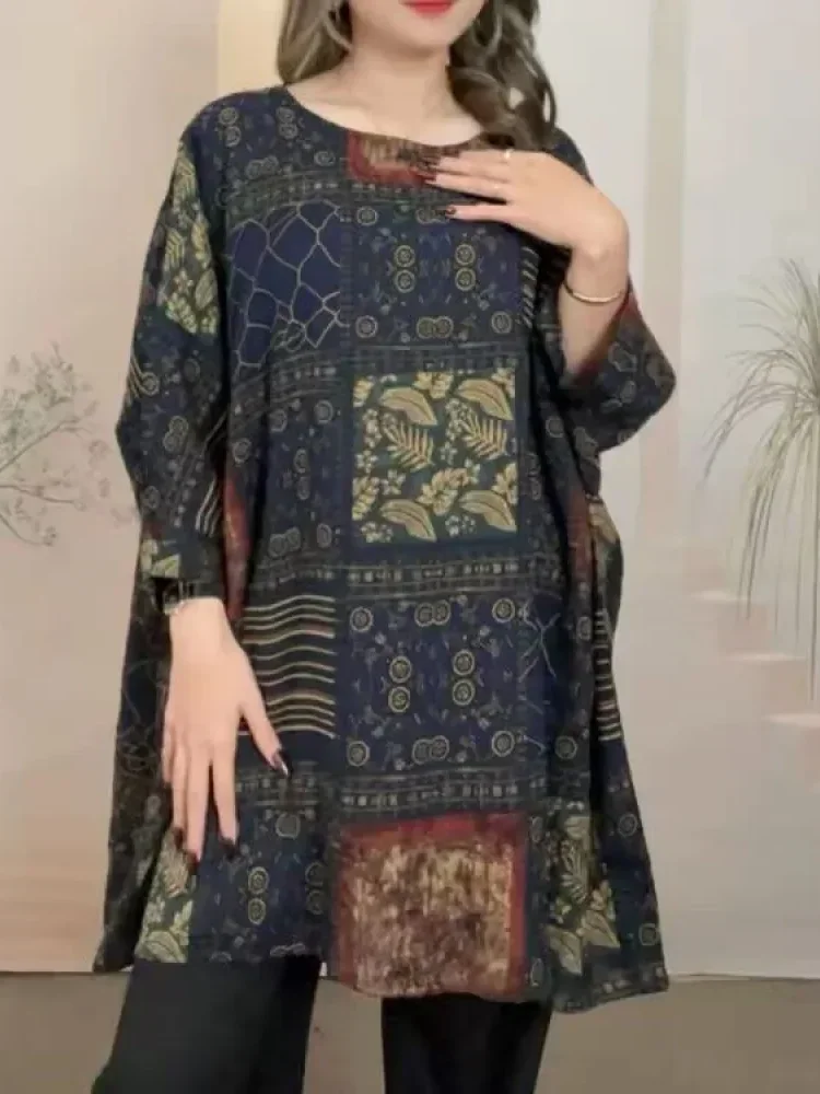 ASAYA Atasan wanita lengan tiga perempat bermotif dengan gaya retro