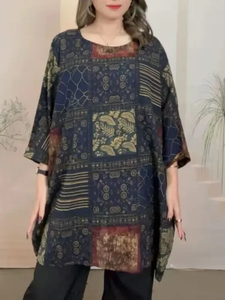 ASAYA Atasan wanita lengan tiga perempat bermotif dengan gaya retro