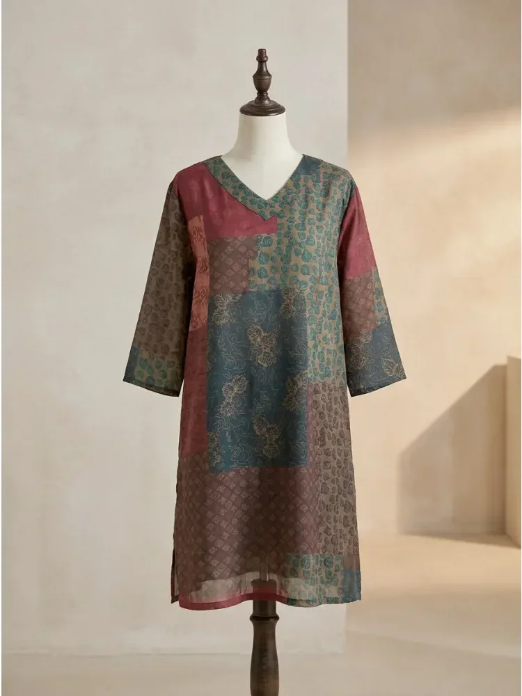 ASAYA Atasan blus motif retro dengan model longgar dan leher berbentuk v