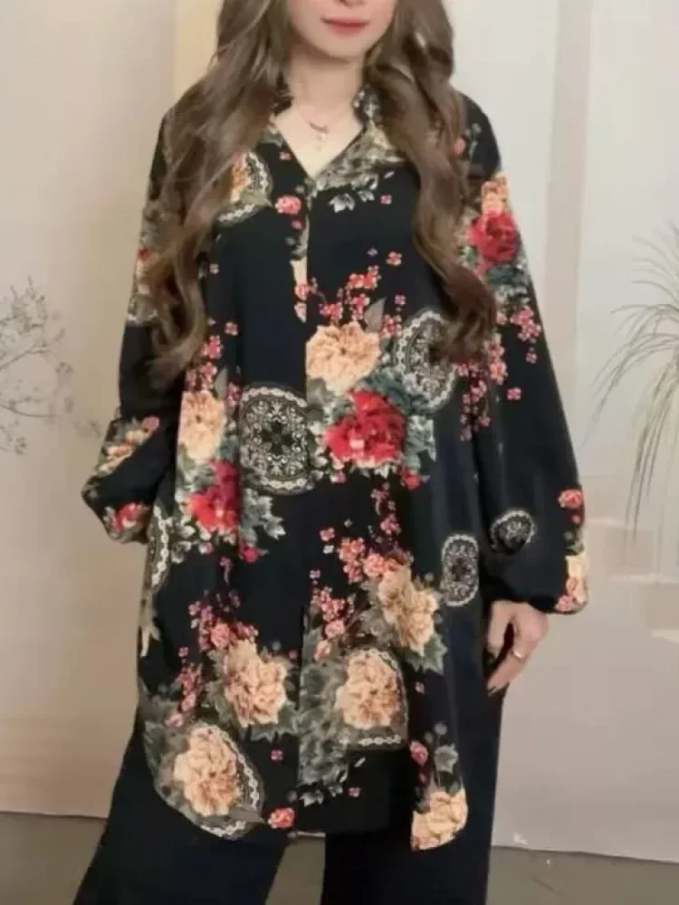 ASAYA Kemeja untuk wanita lengan tiga perempat bermotif gaya retro