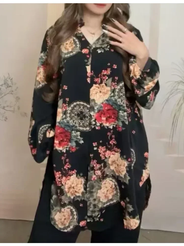 ASAYA Kemeja untuk wanita lengan tiga perempat bermotif gaya retro