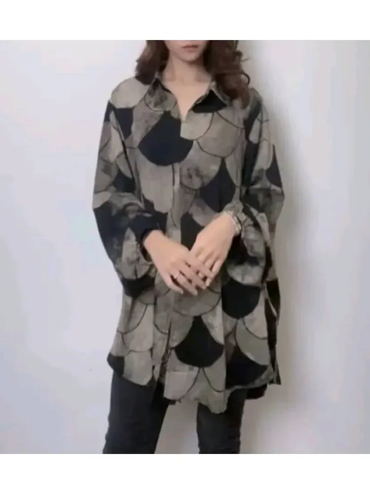 ASAYA Atasan kemeja motif cetak longgar dengan lengan panjang dan model kerah polo