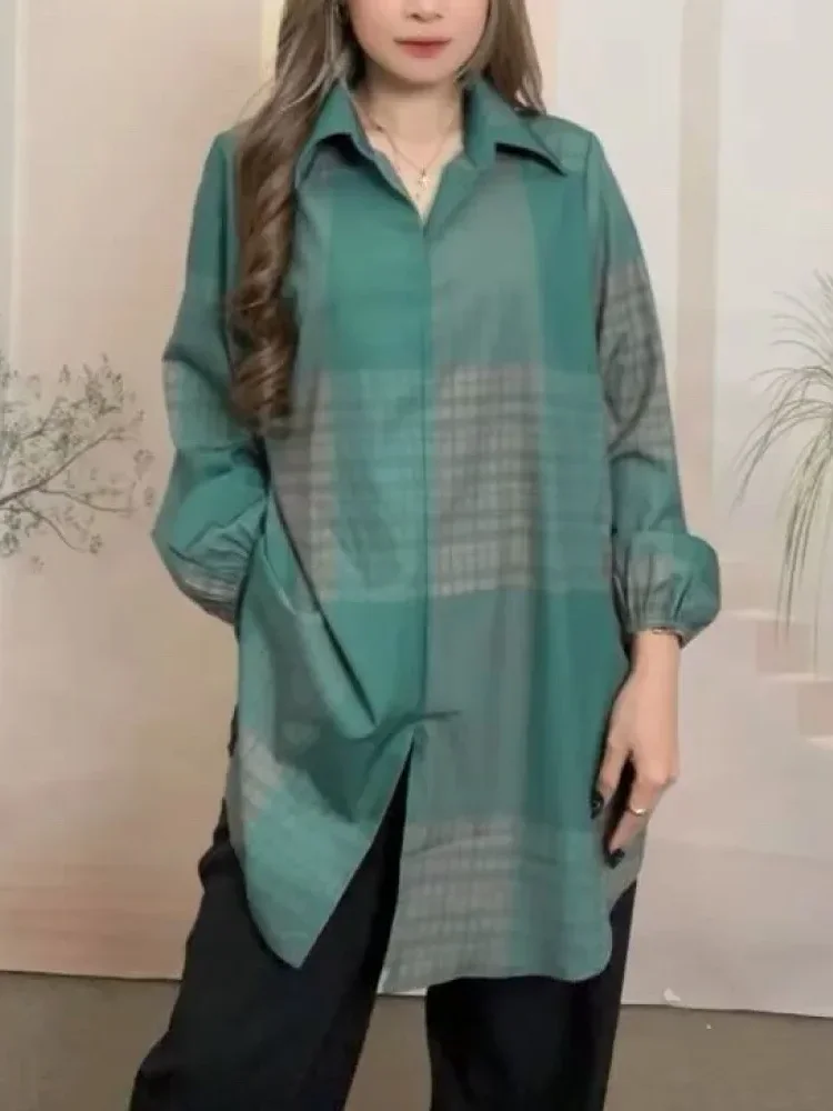 ASAYA Atasan gaya retro kerah v model longgar motif cetak untuk wanita