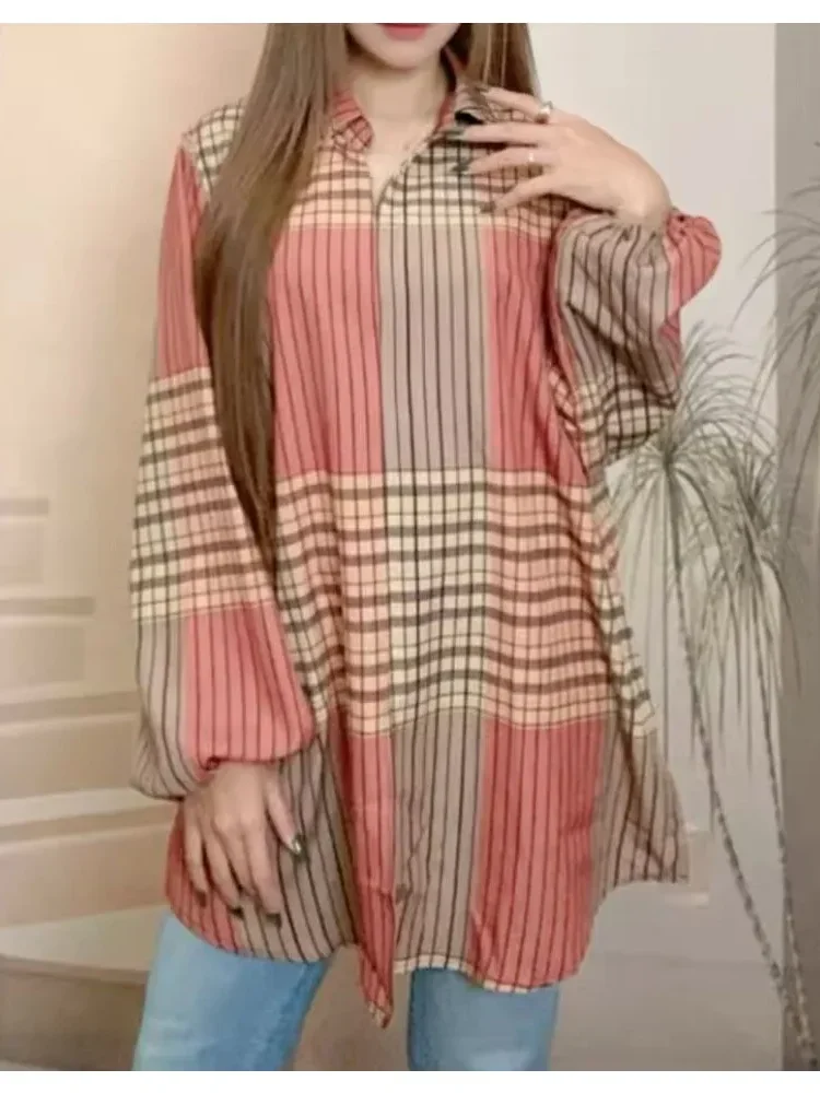 ASAYA Atasan gaya retro kerah v model longgar motif cetak untuk wanita