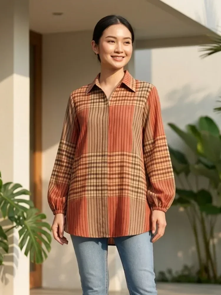 ASAYA Atasan gaya retro kerah v model longgar motif cetak untuk wanita