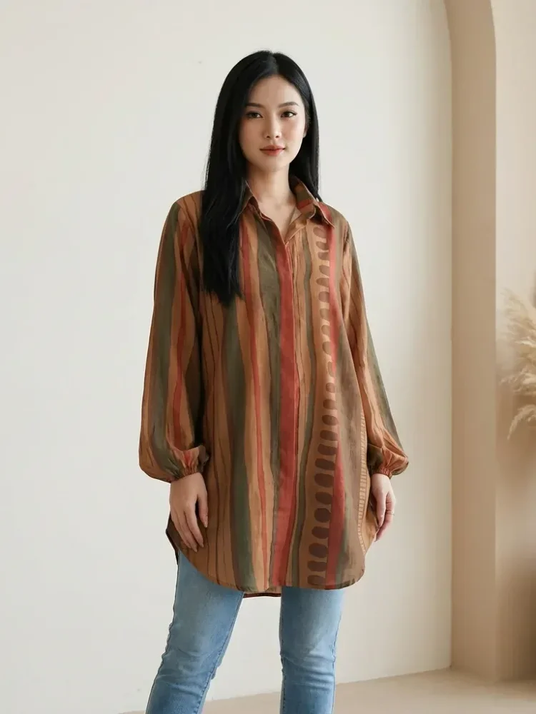 ASAYA Atasan gaya retro kerah v model longgar motif cetak untuk wanita
