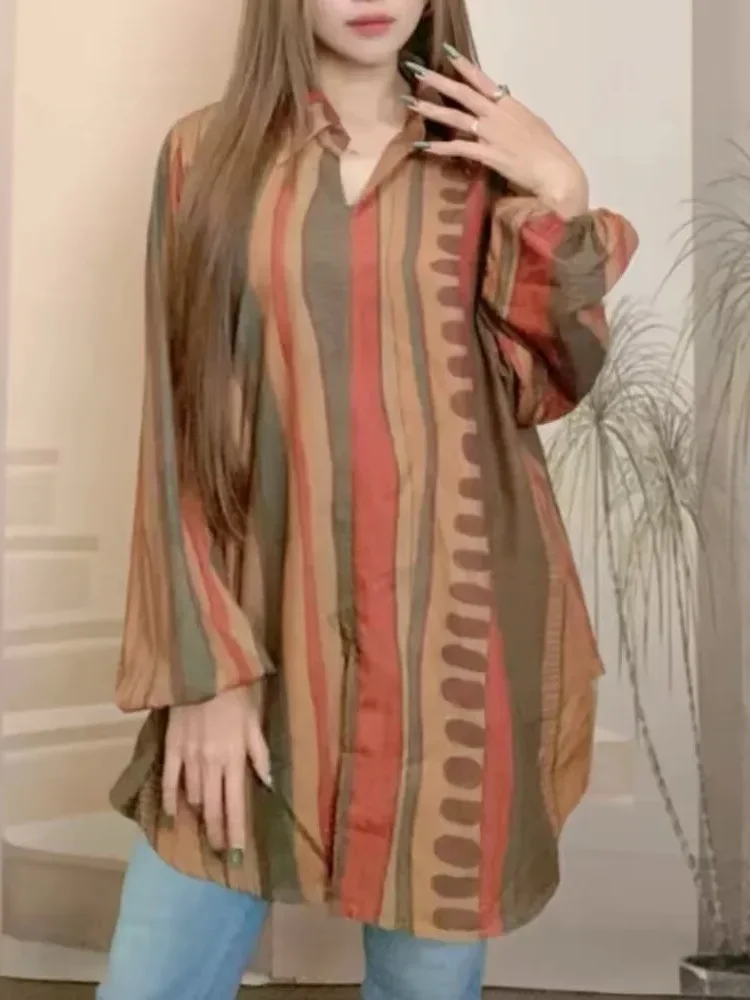 ASAYA Atasan gaya retro kerah v model longgar motif cetak untuk wanita