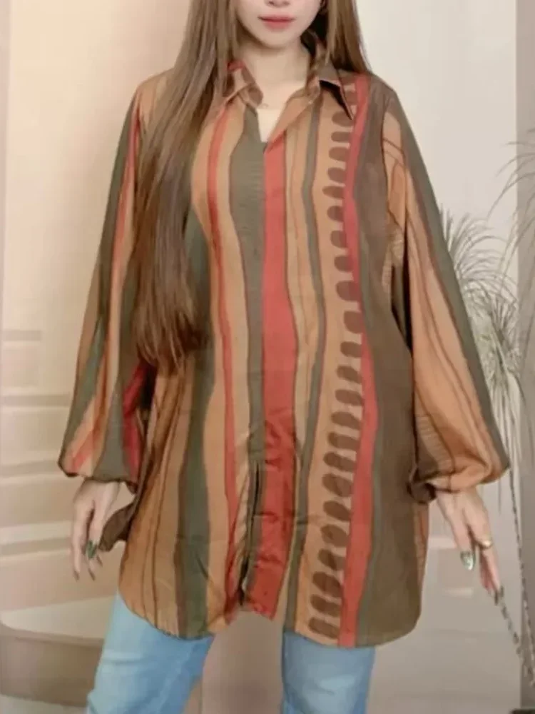 ASAYA Atasan gaya retro kerah v model longgar motif cetak untuk wanita