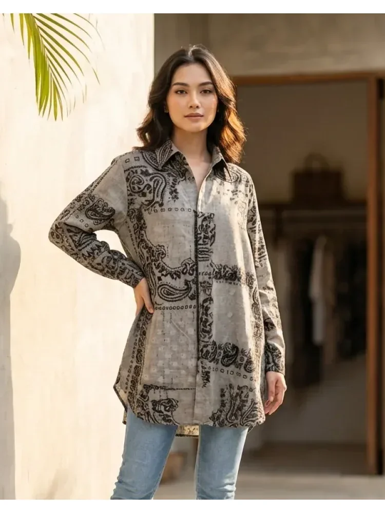 [READY STOCK]ASAYA Atasan gaya retro kerah v model longgar motif cetak untuk wanita