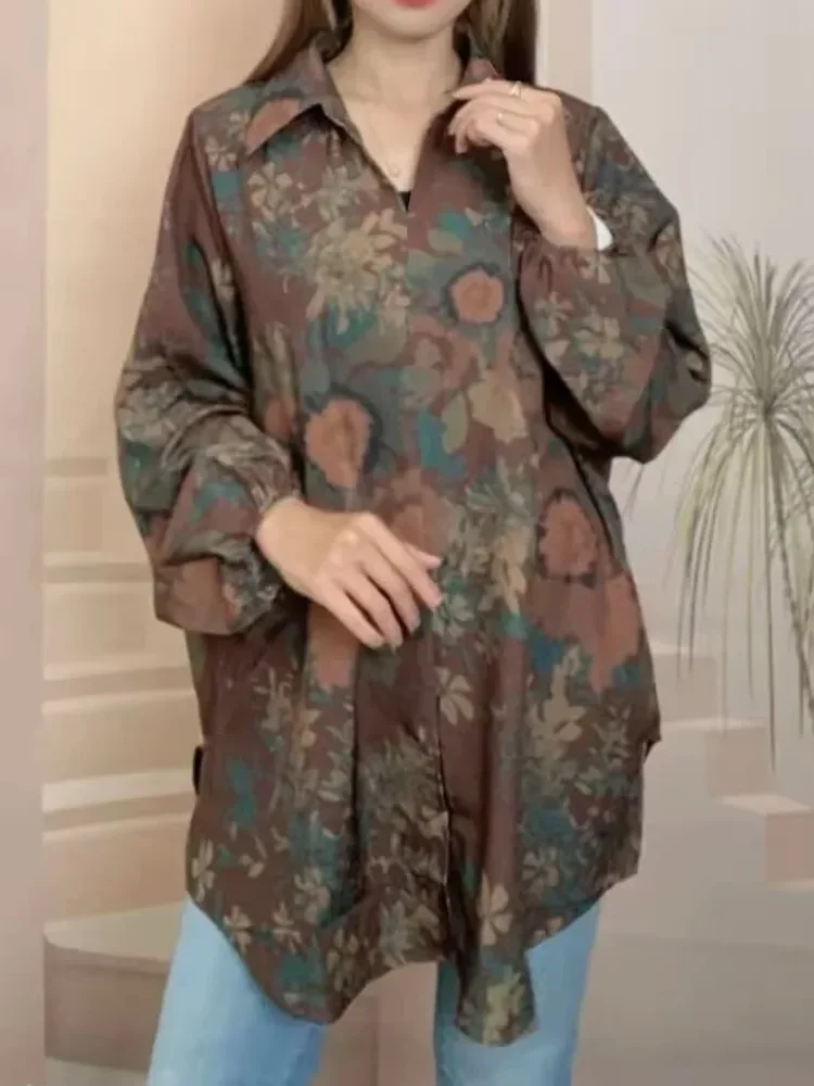ASAYA Atasan gaya retro kerah v model longgar motif cetak untuk wanita