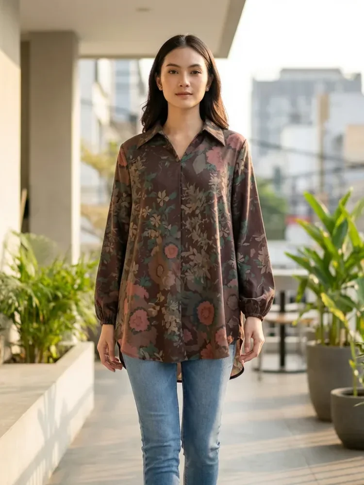 ASAYA Atasan gaya retro kerah v model longgar motif cetak untuk wanita